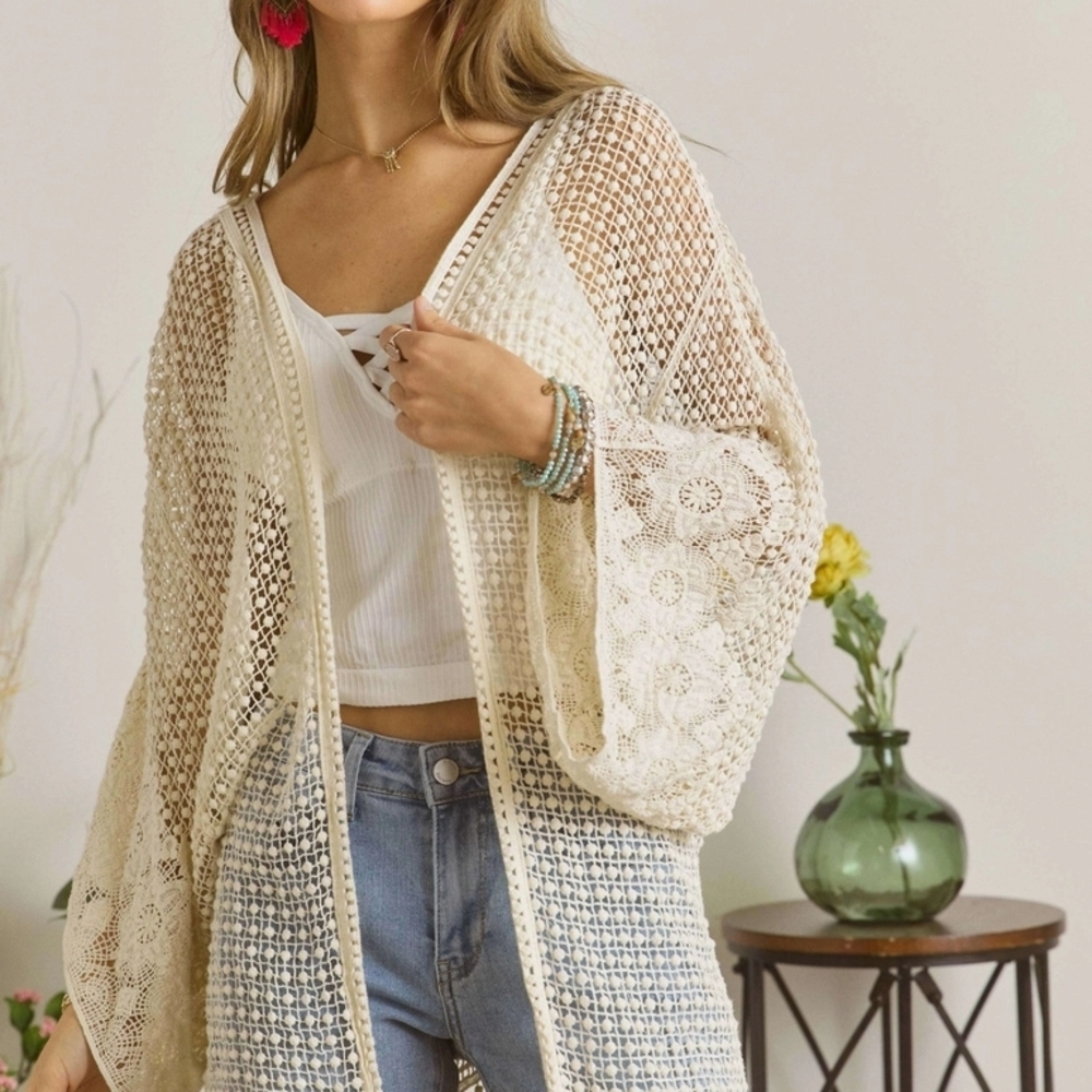 ADORA Cream Crochet Kimono Cardigan
